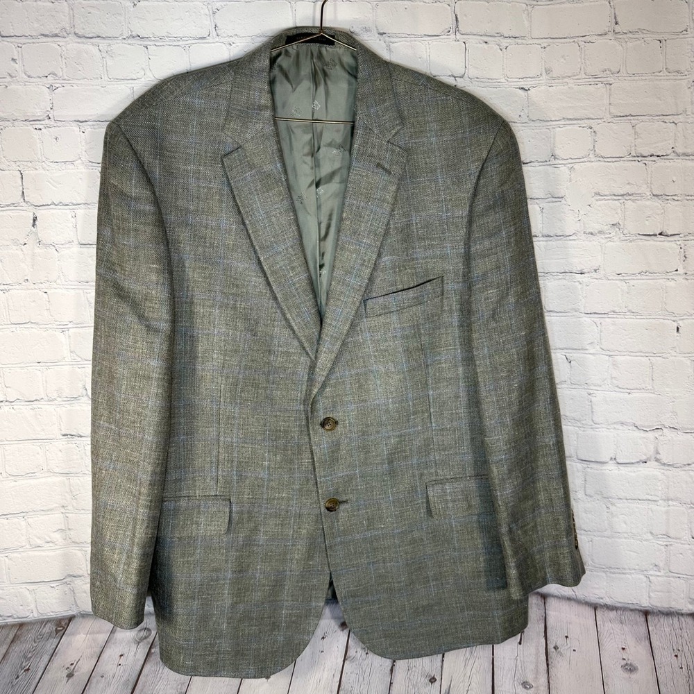 Jos. A. Bank Reserve Sport Coat 48R Silk Linen Wool Sage Plaid Botto Giuseppe